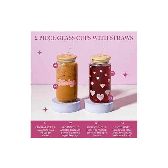 Glass Tumblers Set with Kawaii Decals, Includes Bamboo Lids, Reusable Glass - Picture 3 of 4